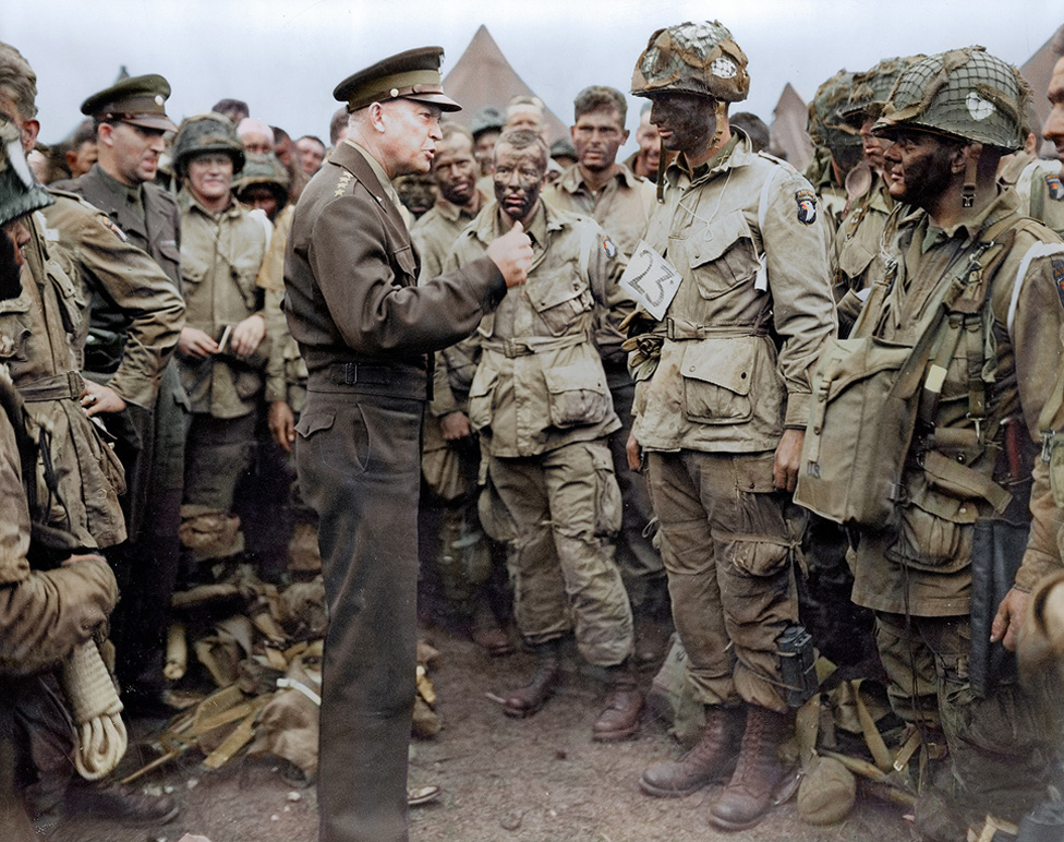 Colour photo of General Dwight D. Eisenhower addresses American paratroopers prior to D-Day