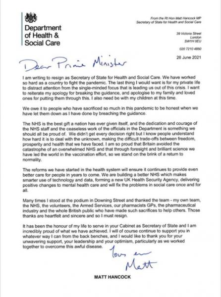 Health Secretary Matt Hancock resigns to PM after being ... Health Secretary Matt Hancock resigns to PM after being ...