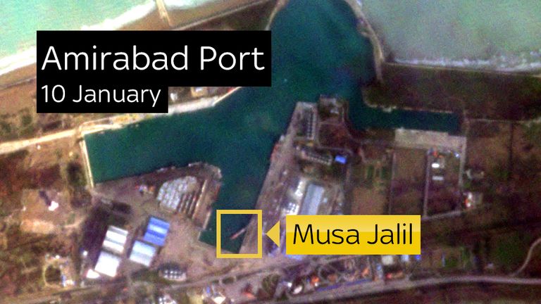 This satellite image obtained by Sky News shows at least one of the ships, the Musa Jalil in the Iranian port before it leaves for Russia 
