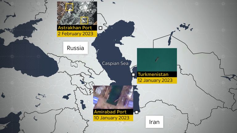 Map showing the locations the two ships are seen in satellite images obtained by Sky News