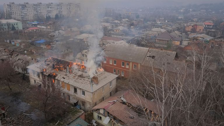 A building damaged by a Russian military strike in Bakhmut