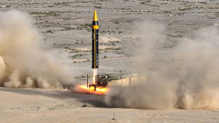 A new surface-to-surface 4th generation Khorramshahr ballistic missile called Khaibar with a range of 2,000 km is launched at an undisclosed location in Iran