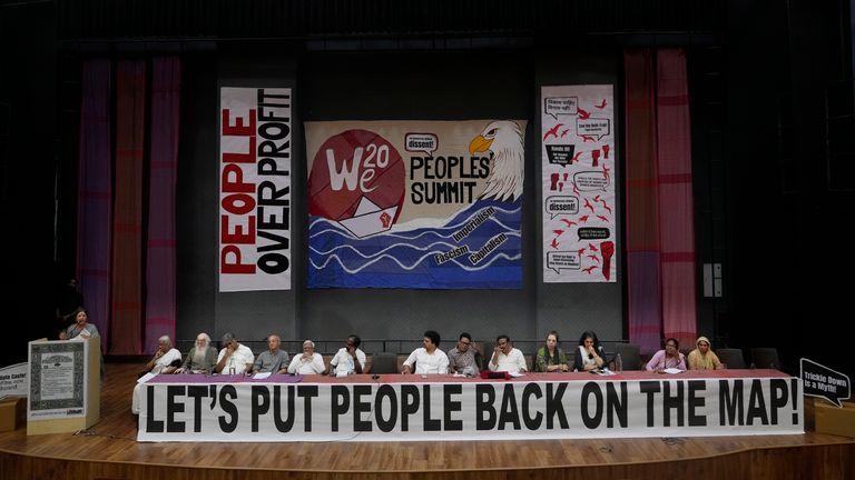 All India Democratic Women's Association leader Brenda Karat, speaks as during a 'People's Summit on G20