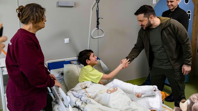 Ukraine President Volodymyr Zelenskyy during a visit to the Okhmatdyt National Children's Specialized Hospital