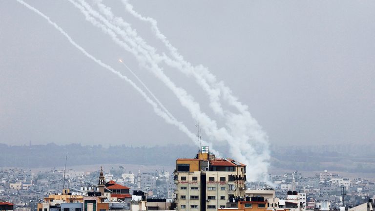 Rockets are fired from Gaza towards Israel, in Gaza 