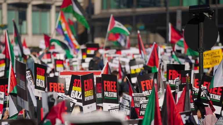 People during a pro-Palestinian protest on Park Lane in London, marching from Hyde Park to the US embassy in Vauxhall. Picture date: Saturday November 11, 2023. PA Photo. The coalition of groups behind the march are the Palestine Solidarity Campaign, Friends of Al-Aqsa, Stop the War Coalition, Muslim Association of Britain, Palestinian Forum in Britain and Campaign for Nuclear Disarmament, Trade unions and political groups such as the Socialist Worker. See PA story POLITICS Israel. Photo credit should read: Victoria Jones/PA Wire